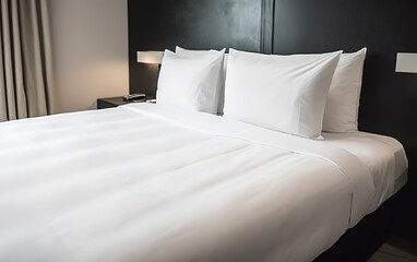 Bed with white pillows in hotel. AI, Generative AI