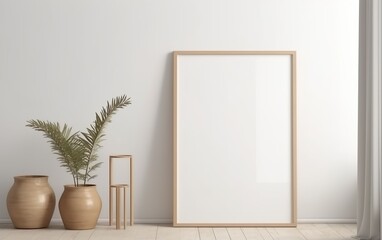 Blank wooden picture frame mockup on wall. AI, Generative AI