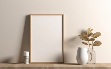 Blank wooden picture frame mockup on wall. AI, Generative AI