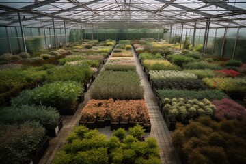 A vast nursery showcasing abundant plant growth. Generative AI