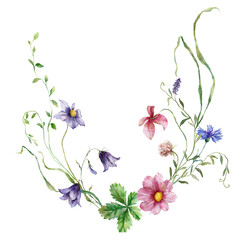 Watercolor floral wreath of meadow flowers, campanulas, cornflowers, clover and lavender. Hand painted illustration isolated on white background. For design, print, fabric or background.