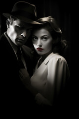 Man and woman together in a classic Noir movie look. Femme fatale. Portrait of 40s or 50s couple.