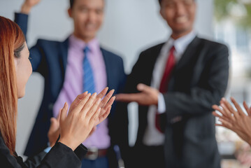 Boss manager team applauding clap for Employees congratulating promoted colleague, expressing gratitude, recognition, appreciation greeting for win job