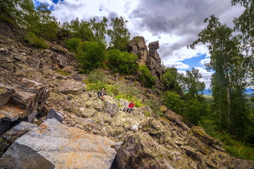 beautiful rock outcrops on the Alabia ridge in the Ural mountains on an autumn sunny day.