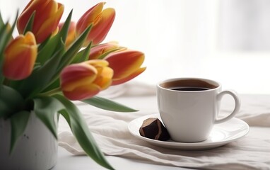 Fototapeta na wymiar Coffee in a cup and tulips on the table light and air. AI, Generative AI