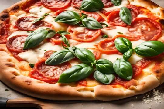 Create an image of a close-up view of a classic margherita pizza, highlighting the melted cheese and basil leaves