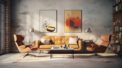 Foto op Canvas Vintage furniture beige sofa chairs and posters adorn a stylishly spacious flat © vxnaghiyev