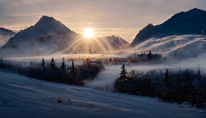 winter time in an alaskan mountain early morning hours with the sun barley rising over the mountain light snow falling cinematic 4k 8k 32k ultrarealistic photorealistic cinematic lighting winter  - obrazy, fototapety, plakaty