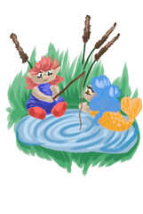 illustration little pixie child fishing and wet a little mermaid