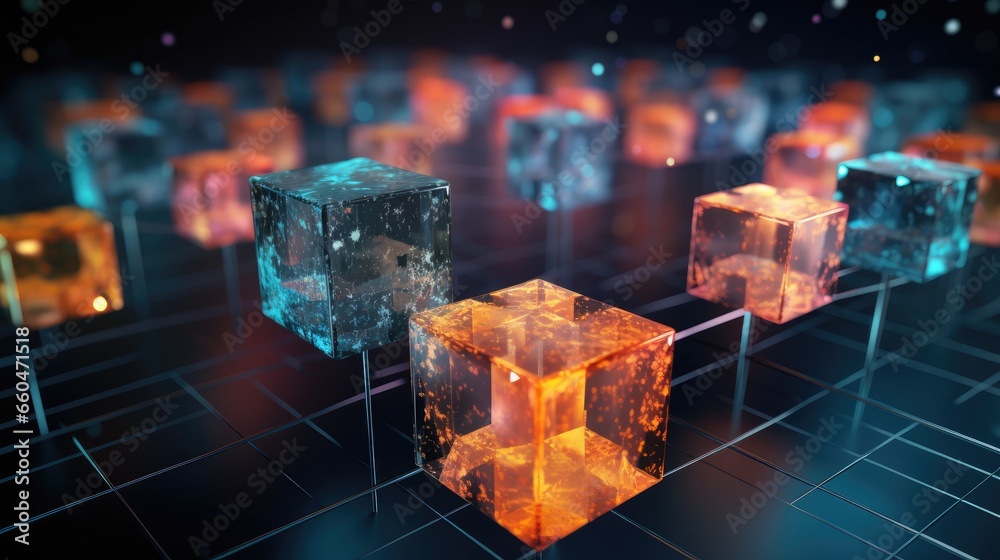 Poster Poly style design with encrypted blocks for cryptocurrencies and online transactions
