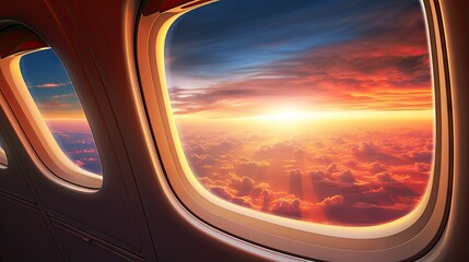 Naklejka premium Sunset sky and wing seen from airplane window