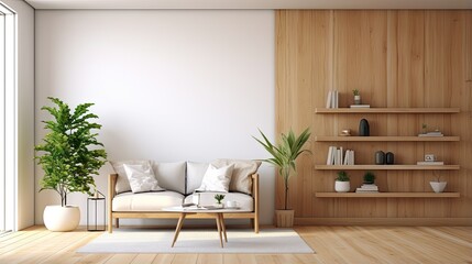 Modern stylish Scandinavian living room with design furniture plants wooden desk and abstract painting on white wall in a nice apartment