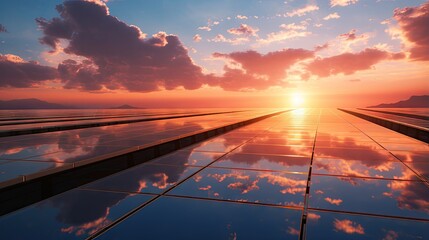 Sunshine warms sky with solar panels
