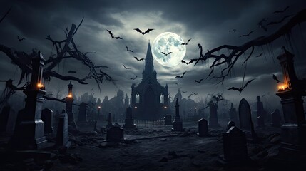 Spooky 3D illustration of a moonlit cemetery with bats