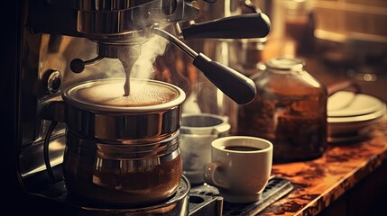 Vintage style filtered photo of a close up coffee preparation - obrazy, fototapety, plakaty