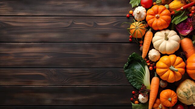 Organic vegetables on wooden background Top view Copy space Healthy eating concept Assortment of fresh produce