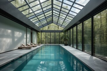 An indoor swimming pool with a skylight. Generative AI