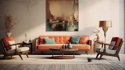 Vintage furniture beige sofa chairs and posters adorn a stylishly spacious flat