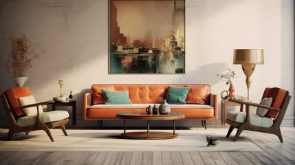 Foto op Canvas Vintage furniture beige sofa chairs and posters adorn a stylishly spacious flat © vxnaghiyev