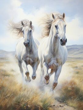 Painting of white horses running in the grassland.