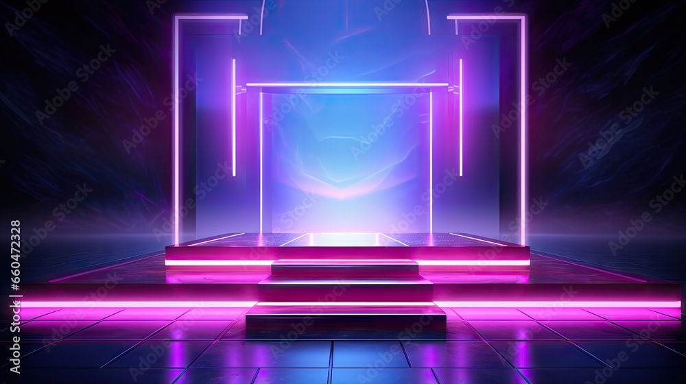 Poster Virtual reality environment featuring a neon lit rectangular tunnel with a UV abstract background laser show and fashion catwalk stage with floor reflections