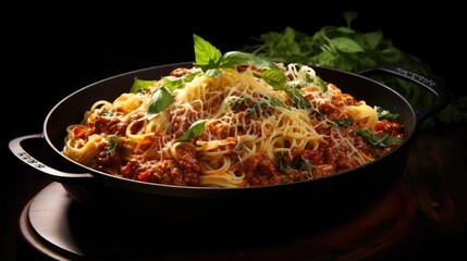 Traditional Italian spaghetti bolognese with rich sauce cooked on cast iron pan topped with Parmesan cheese and basil