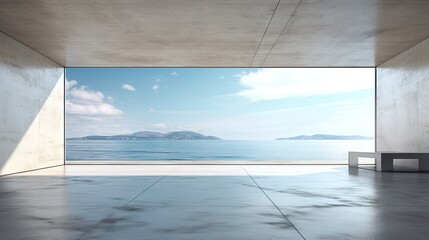 Minimalist 3D visualization of contemporary showroom with ocean view Empty floor concrete wall backdrop