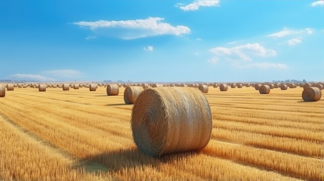 Round straw bales dot the field harvested from cereal plants in an agricultural setting