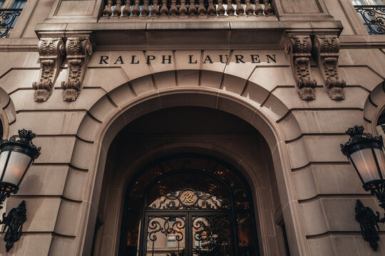 Street lamp and historic facade of Ralph Lauren famous boutique in Manhattan, New York City, USA. Ralph Lauren is the world famous fashion brand founded in New York