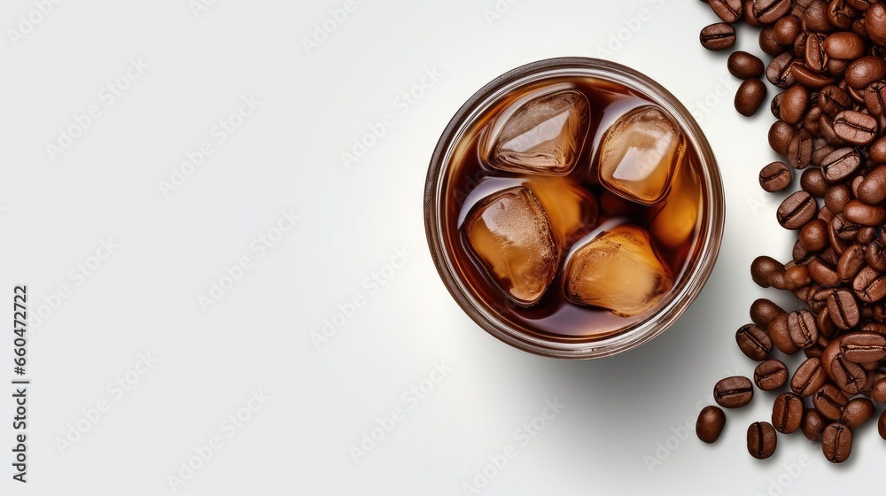Poster top view of cold brewed iced coffee and coffee beans in glass jar on white surface with empty space