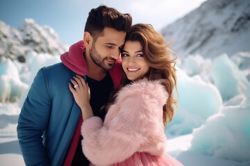 Young couple in warm wear, enjoying vacation at cold mountain