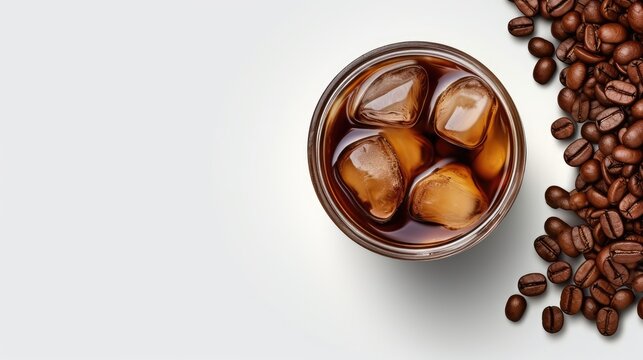 Top view of cold brewed iced coffee and coffee beans in glass jar on white surface with empty space