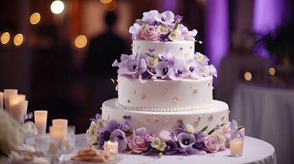 Wedding cake with floral decorations on a festive table surrounded by snacks Violet flowers in the foreground