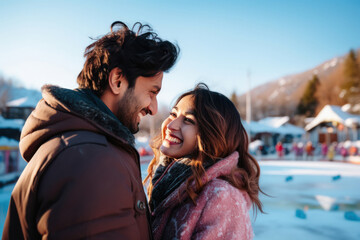 Young couple in warm wear, enjoying vacation at cold mountain