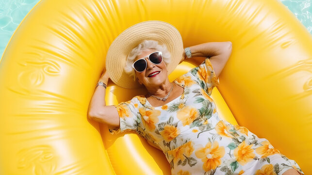 Top view of elderly old senior woman in summer dress on vacation with sunglasses relaxing on yellow inflatable ring mattress in pool on her vacation, creative ad, Canva
