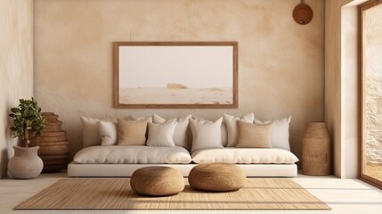 Fototapeta na wymiar Warm beige tones 3D render of modern nomadic home interior with mockup frames