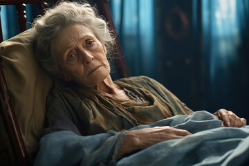 Sad serious Sick old lady lying at a hospital bed - obrazy, fototapety, plakaty