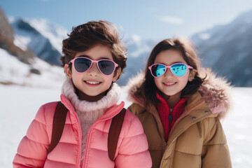 little siblings or friends in warm wear, enjoying holidays.