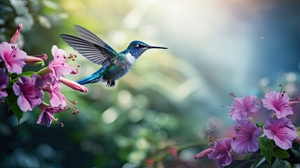 Vibrant blue bird flying alongside a pink flower in Costa Rica representing a wildlife scene in South America