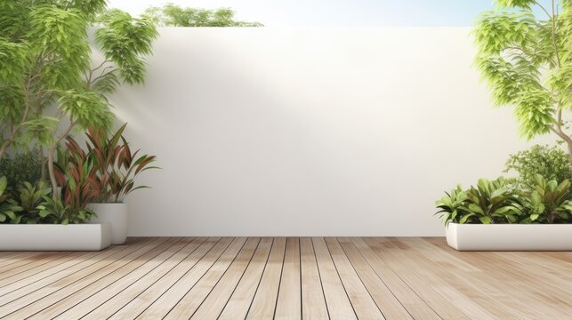 White garden wall with 3D rendering wooden terrace floor lattice fence and nature backdrop
