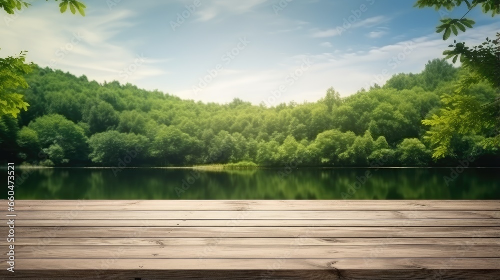 Poster Wooden table top in a green forest and lake or swamp setting representing freshness and relaxation Suitable for showcasing products or designing key visual layouts with ample space for text