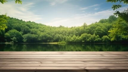 Fototapeta na wymiar Wooden table top in a green forest and lake or swamp setting representing freshness and relaxation Suitable for showcasing products or designing key visual layouts with ample space for text