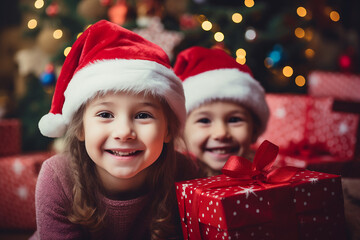 The scene of children in Christmas hats surrounded by presents and looking at the camera in a blurred background