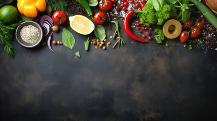 Schilderijen op glas Organic vegetables and herbs for healthy cooking on vintage slate background © vxnaghiyev