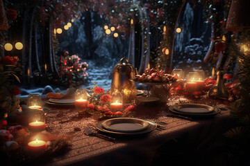 Fototapeta na wymiar Enchanted Christmas Forest Feast, Generative AI illustration
