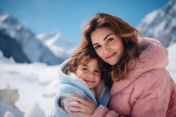 Young woman with her little daughter enjoying holidays at cold mountain