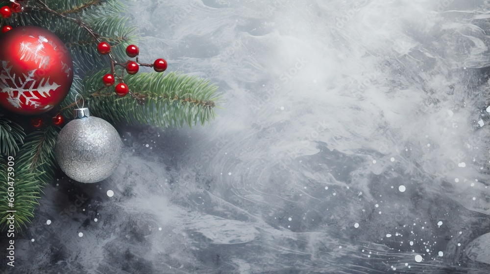 Poster snow covered branch of christmas tree with bauble decoration on stone background xmas backdrop for g