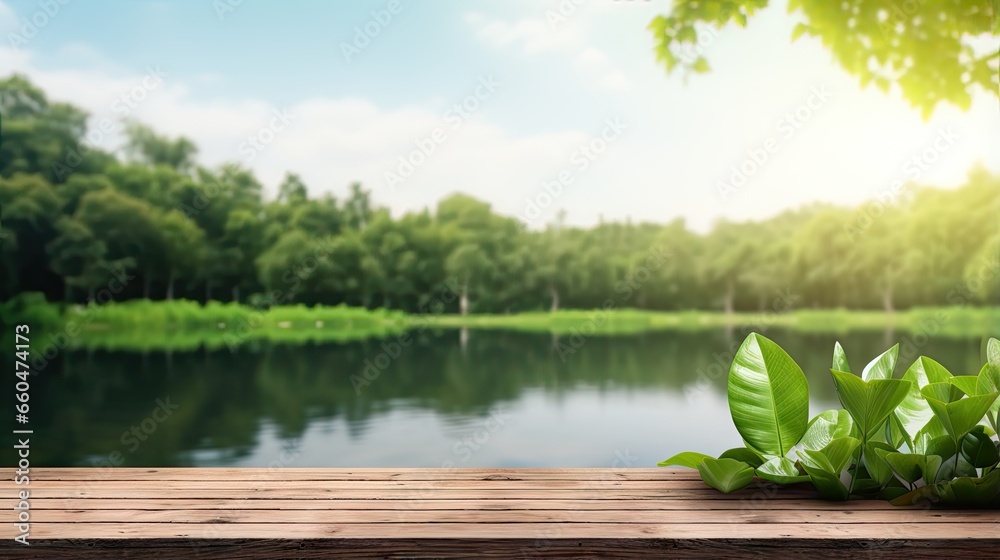 Leinwandbilder Wooden table top in a green forest and lake or swamp setting representing freshness and relaxation Suitable for showcasing products or designing key visual layouts with ample space for text