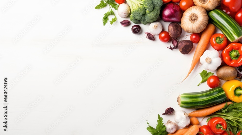 Aufkleber top view of fresh vegetable frame on white background with blank space for text cooking healthy eati