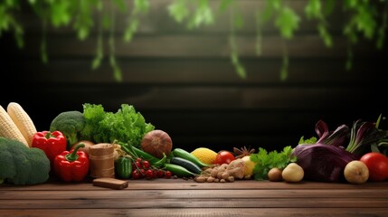 Organic food product photography of vegetables on wooden table